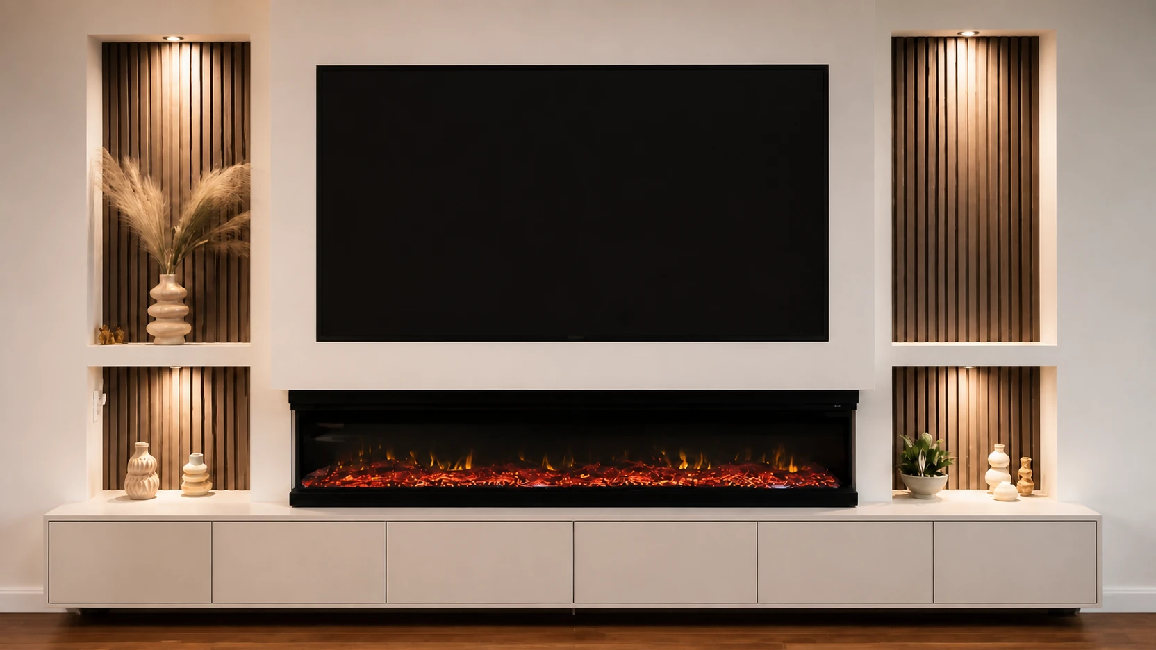 Frontale Cinewall met vier verlichte nissen, donkere latten, televisie, brede sfeerhaard en wit maatwerkmeubel