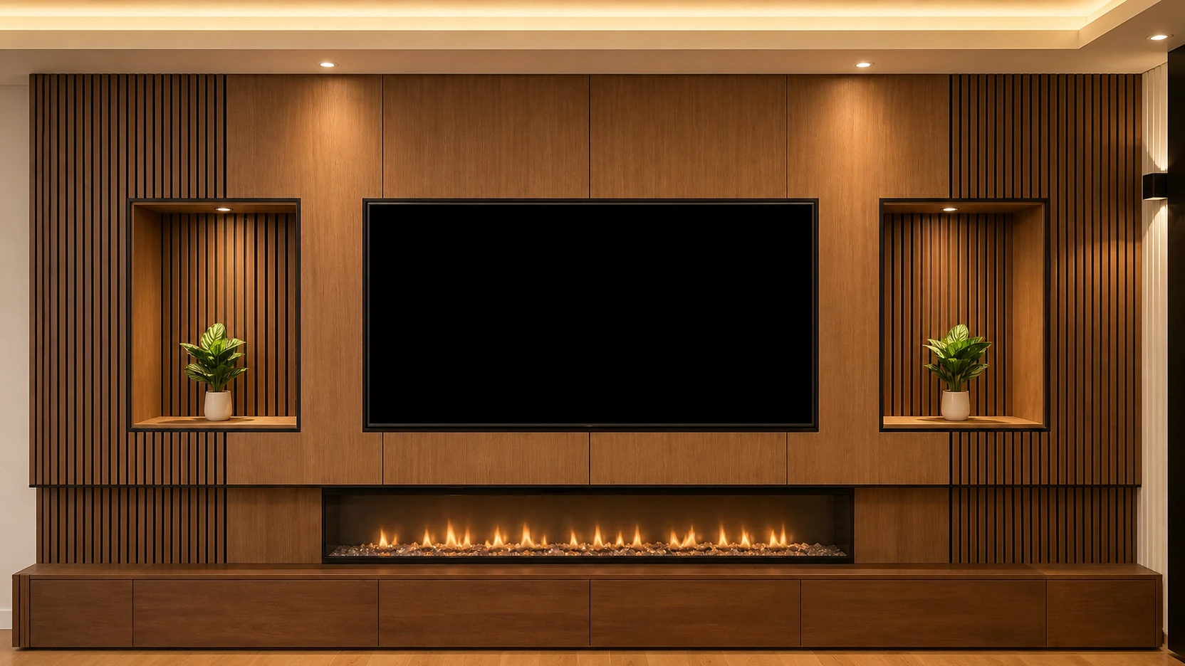 Frontale Cinewall met twee verlichte nissen, walnoot wandbekleding, televisie, brede sfeerhaard en laag maatwerkmeubel