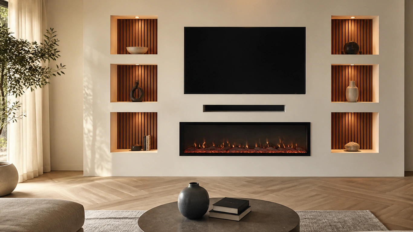 Complete Cinewall in een lichte woonkamer met zes nissen, televisie en brede sfeerhaard
